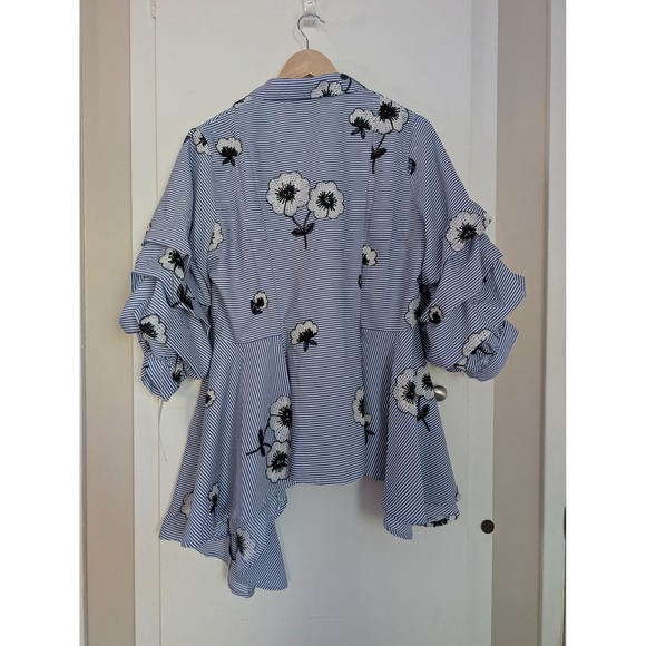 GRACIA Blue Stripe Floral Ruffle Sleeve Asymmetrical Shirt L Bold Statement Glam - Picture 2 of 11